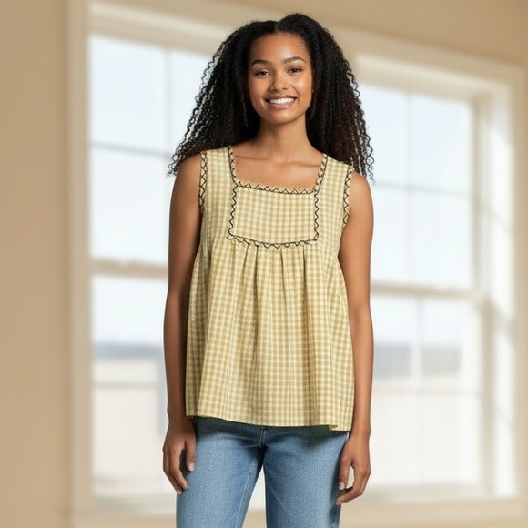 Max Studio Yellow Checkered Sleeveless Top - Picture 1 of 6
